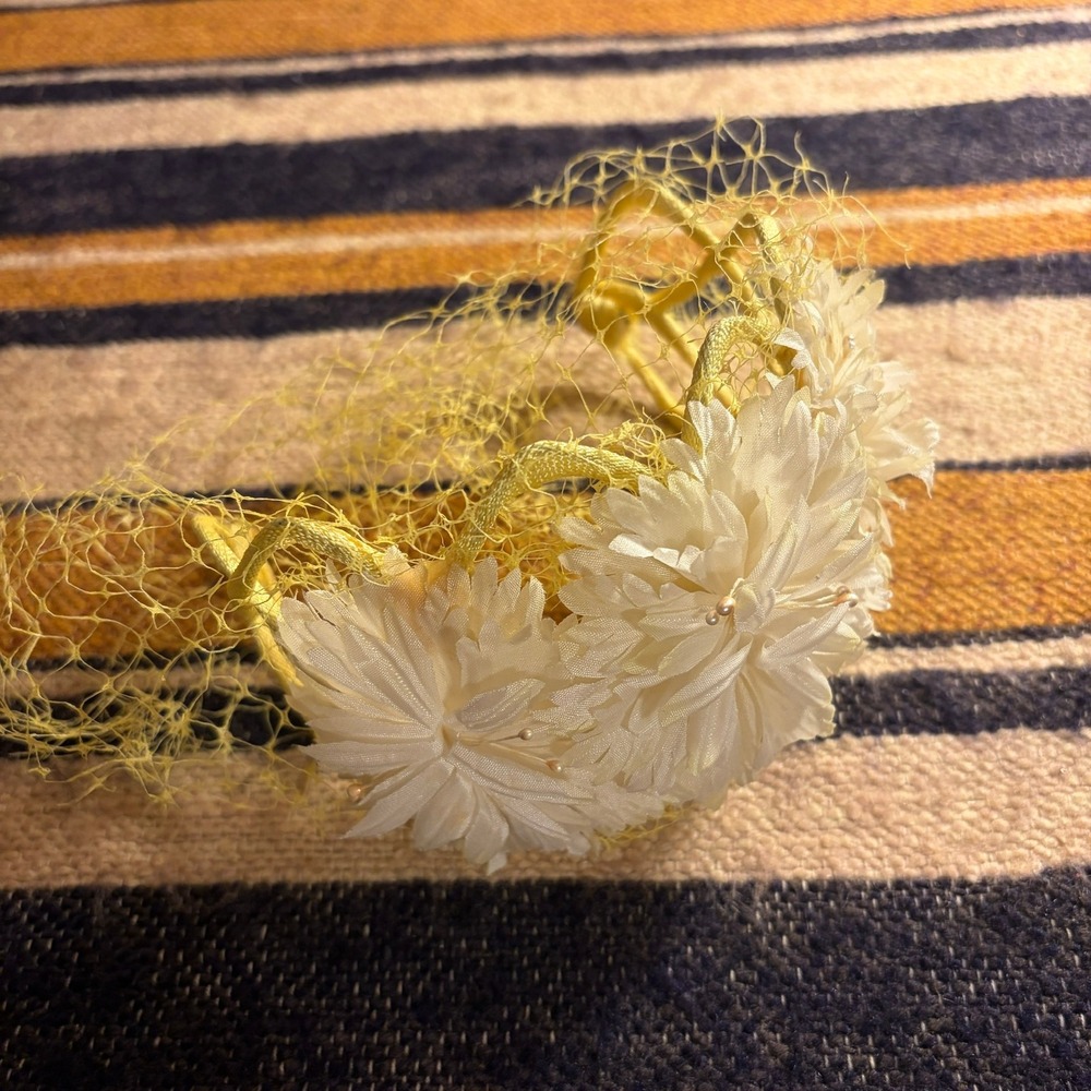 Vintage Fascinator Headband OS Yellow Floral Birdcage Veil Pearl MCM Church Hat